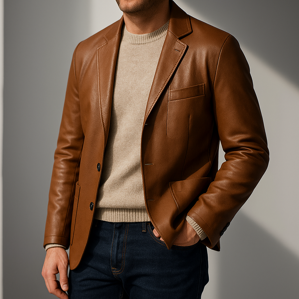 Κομψό δερμάτινο ανδρικό μπλέιζερ