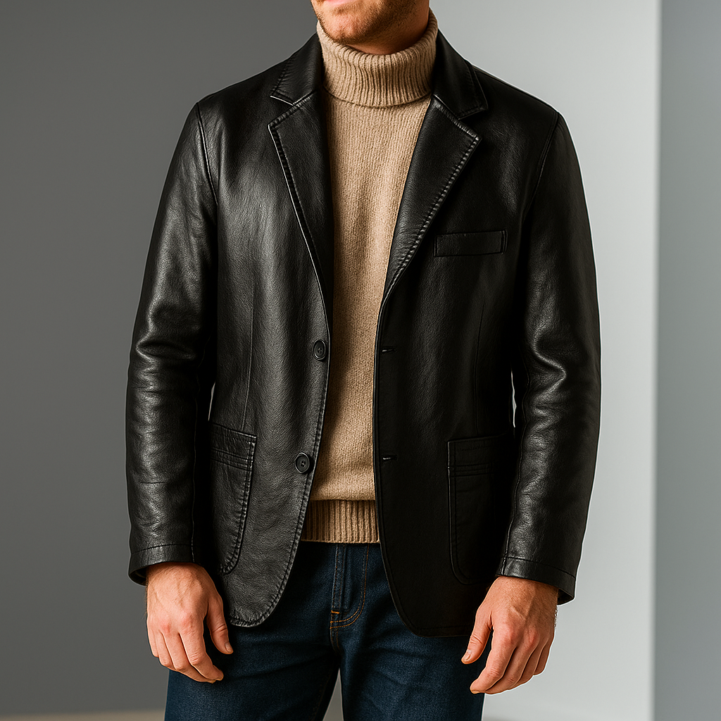 Κομψό δερμάτινο ανδρικό μπλέιζερ