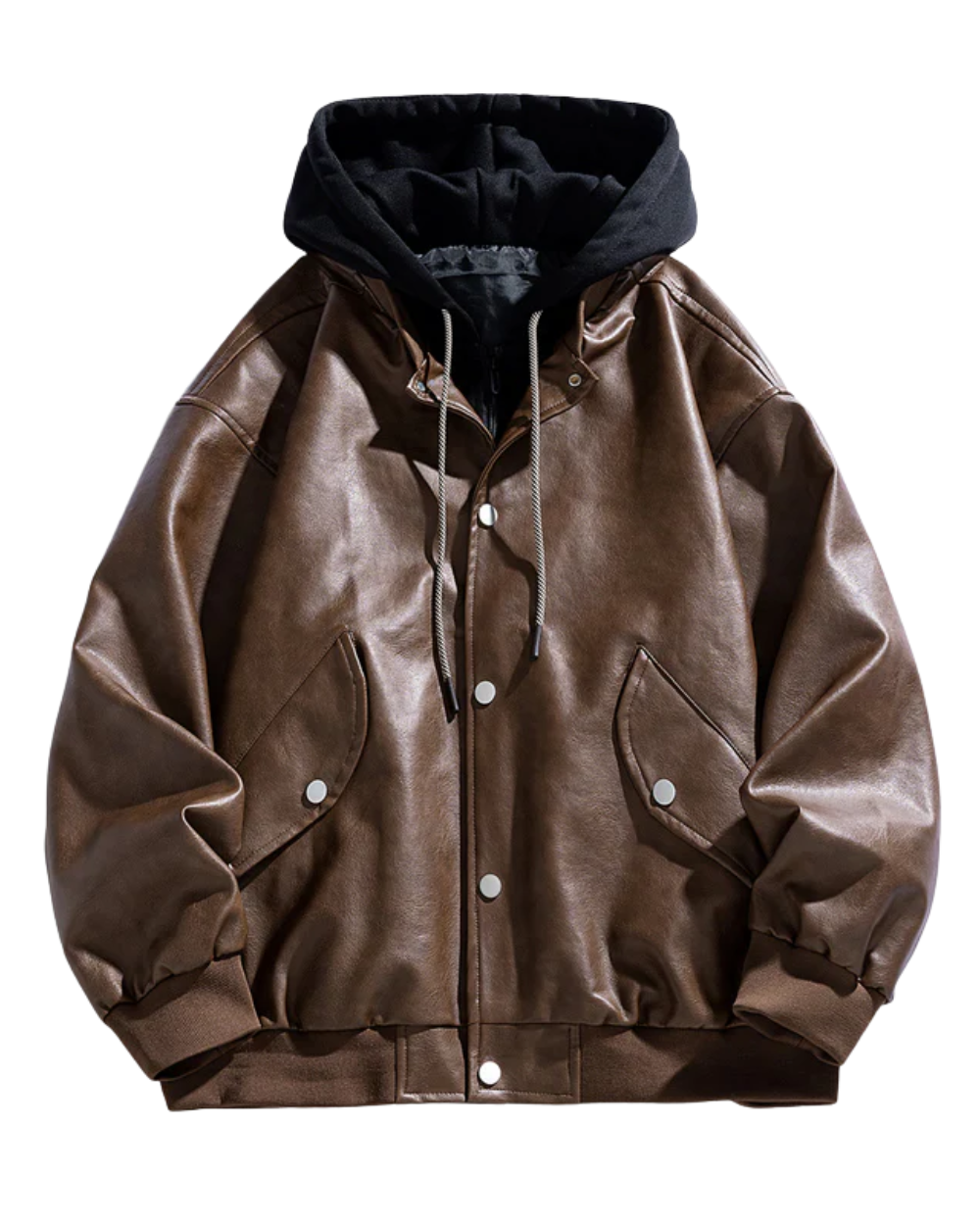 Κομψό δερμάτινο μπουφάν με κουκούλα